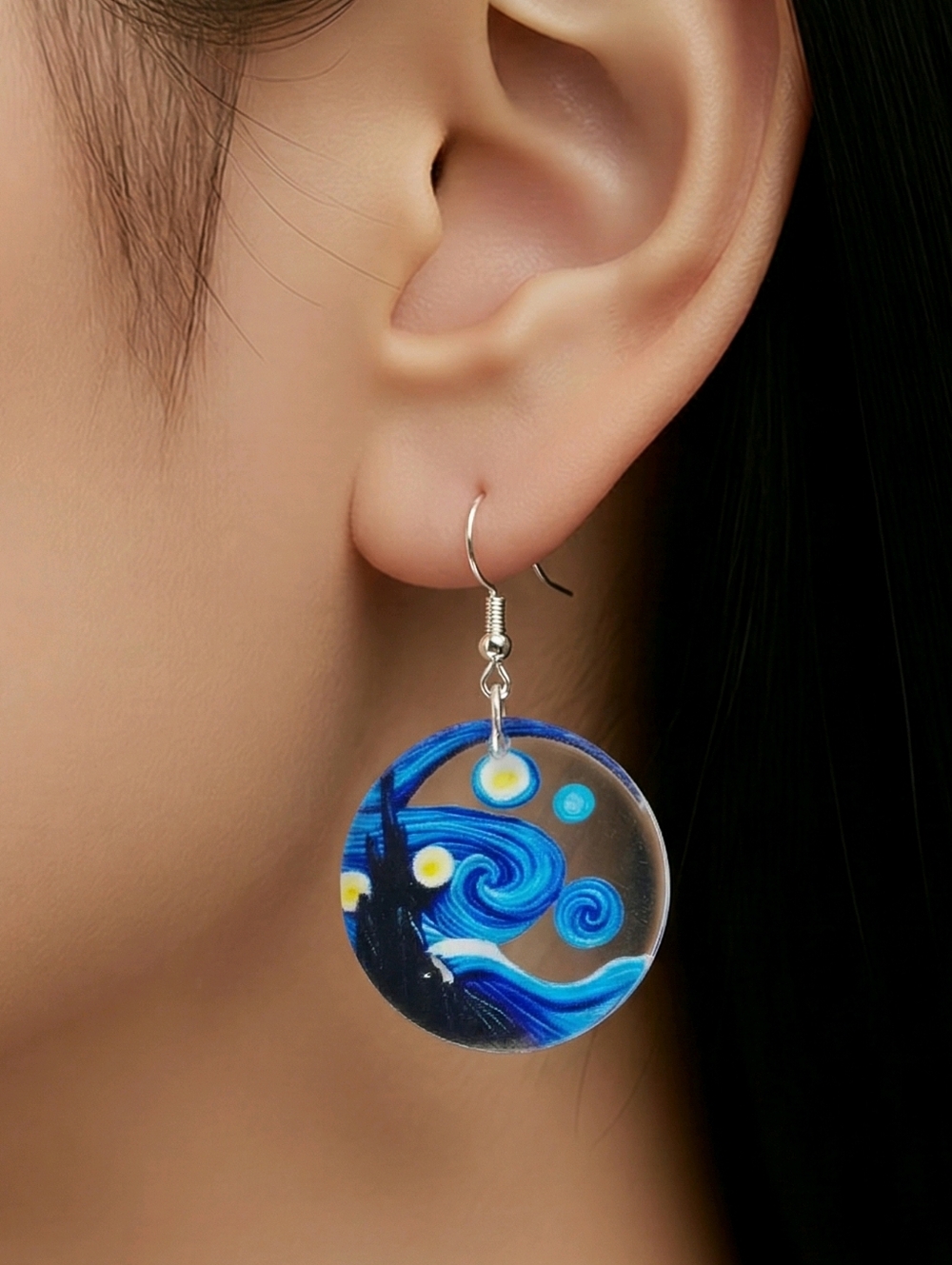 Van Gogh Starry Night Earrings Blue Acrylic Art Teacher Museum Dangle Celestial